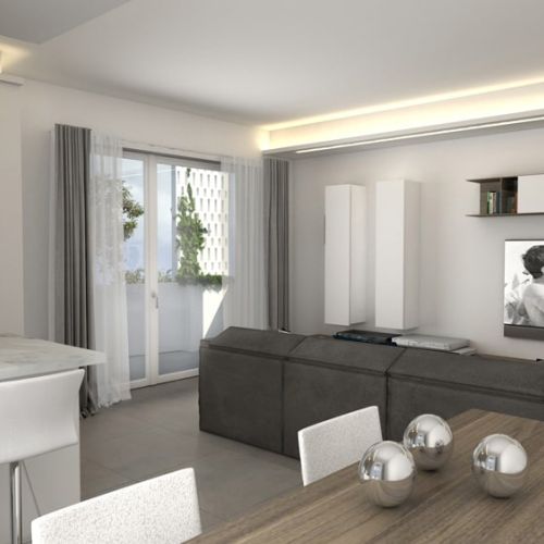 Soggiorno con cucina abitabile del Trilocale 
