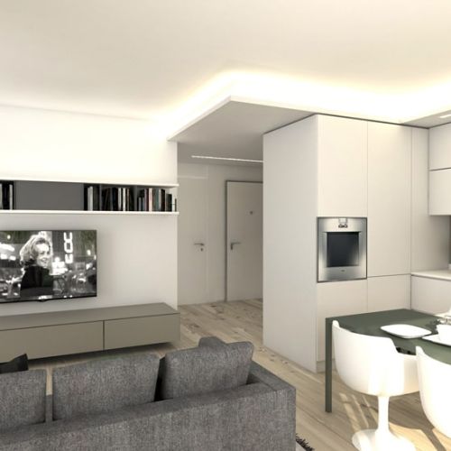 Soggiorno con cucina abitabile del Trilocale 